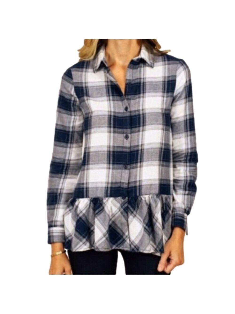 Beach Lunch Lounge Blue Plaid Flannel Button-Up Long-Sleeve Peplum Blouse